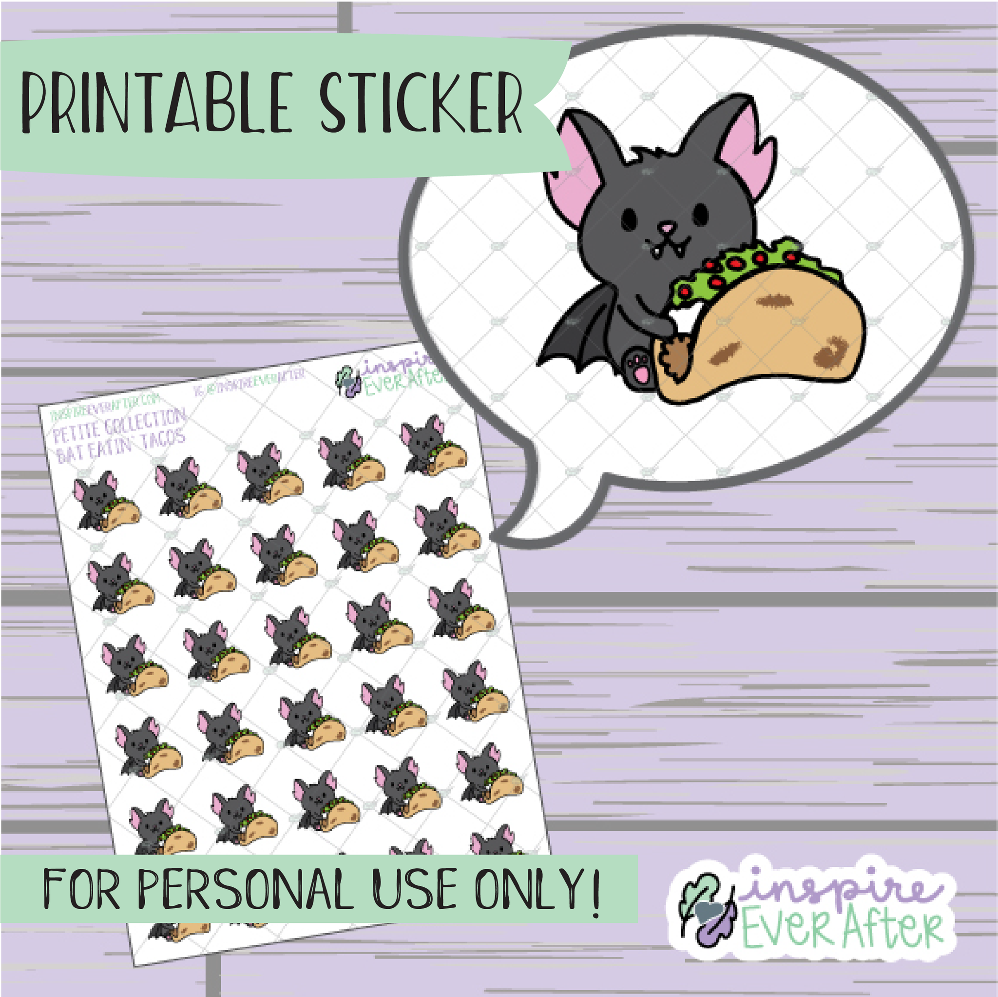 Batrick the Bat Eatin' Tacos - Printable Stickers - Hand drawn Food Deco Planner Stickers