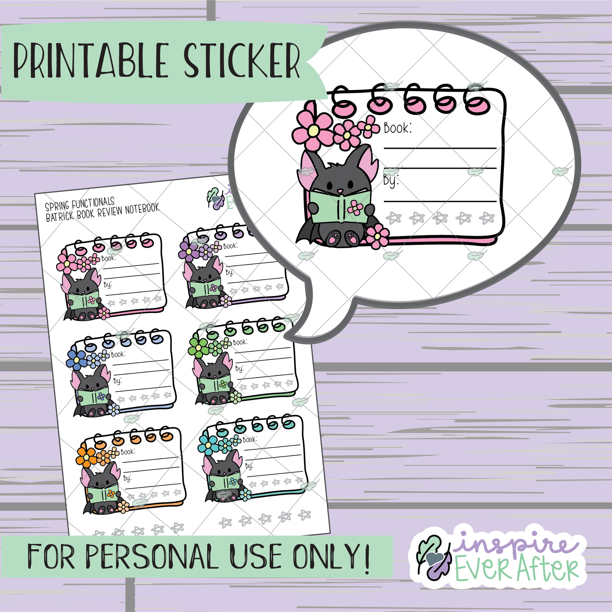 Batrick the Bat Flower Book Rating/Review Notebook Doodle - Printable Stickers - Hand drawn Functional Reading Character Doodle Deco Planner Stickers