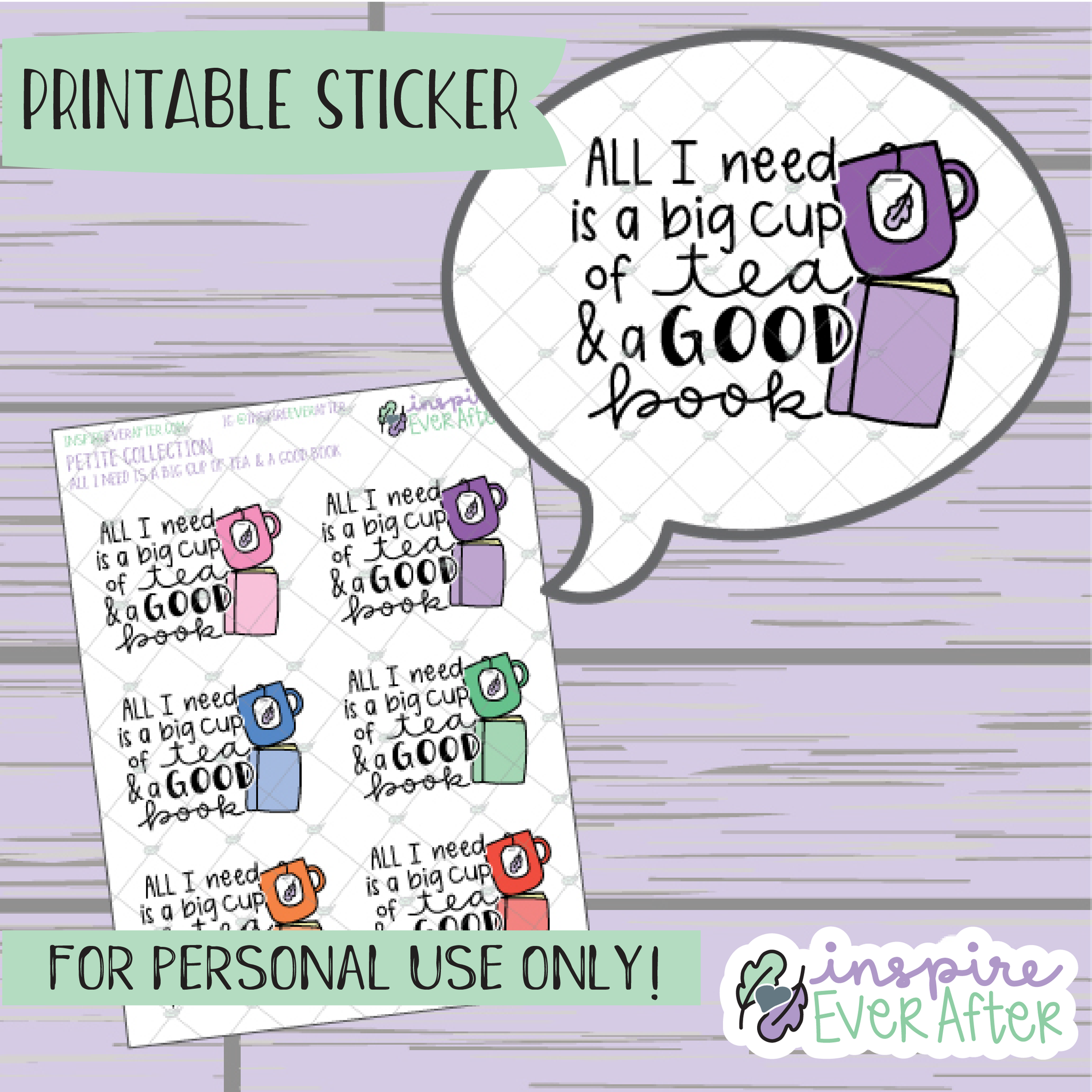 All I Need is a Big Cup of Tea & a Good Book - Printable Stickers - Hand drawn Beverage Reading Deco Planner Stickers