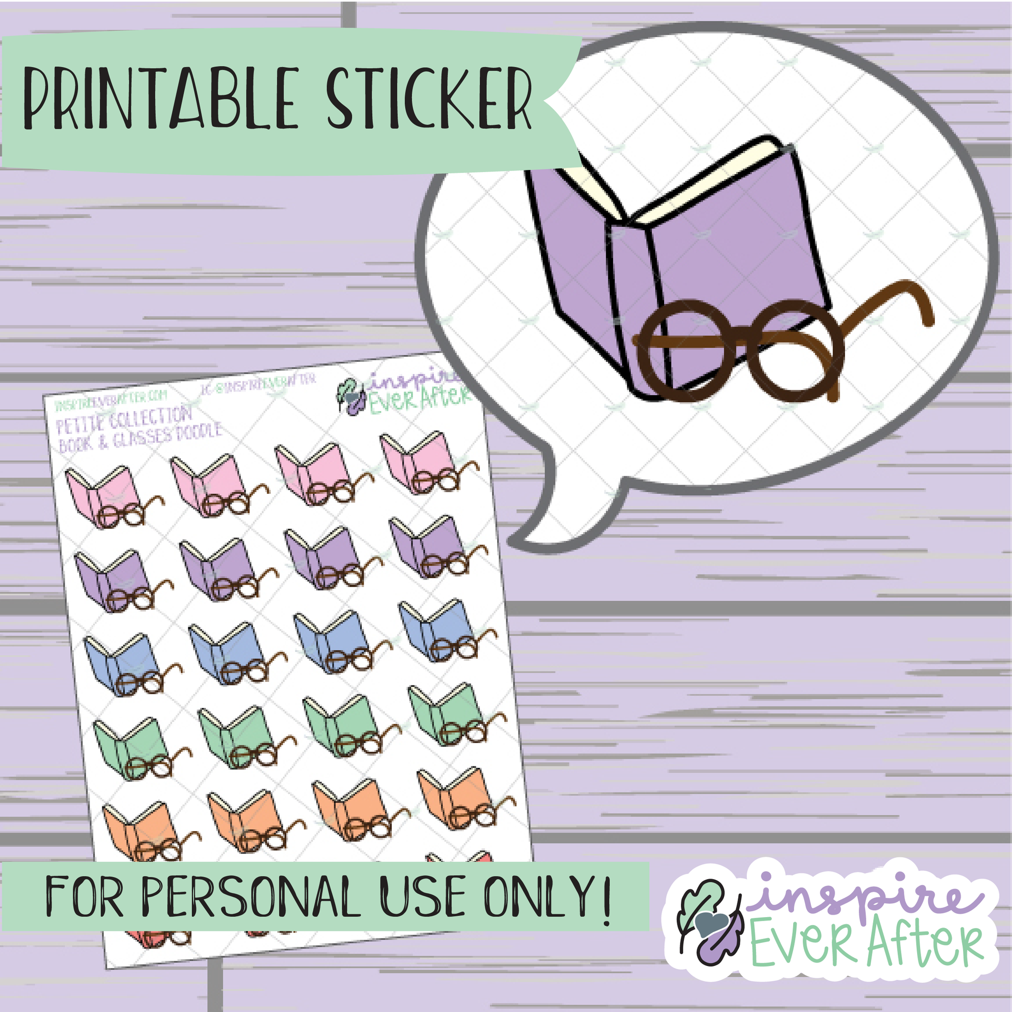 Books & Glasses Doodle - Printable Stickers - Hand drawn Reading Deco Planner Stickers