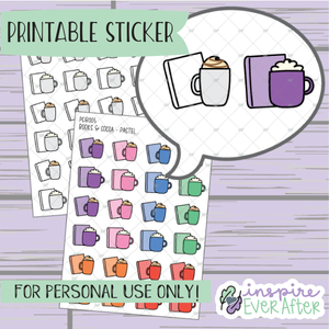 Books & Cocoa Doodle ~ Choose Your Colorway! - Printable Stickers - Hand drawn Reading & Beverage Deco Planner Stickers