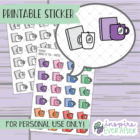 Book & Tea Doodle ~ Choose your Colorway! - Printable Stickers - Hand drawn Beverage Deco Planner Stickers