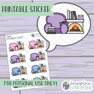 Cozy Reading Books by the Fireplace Doodle - Printable Stickers - Hand drawn Reading Deco Planner Stickers