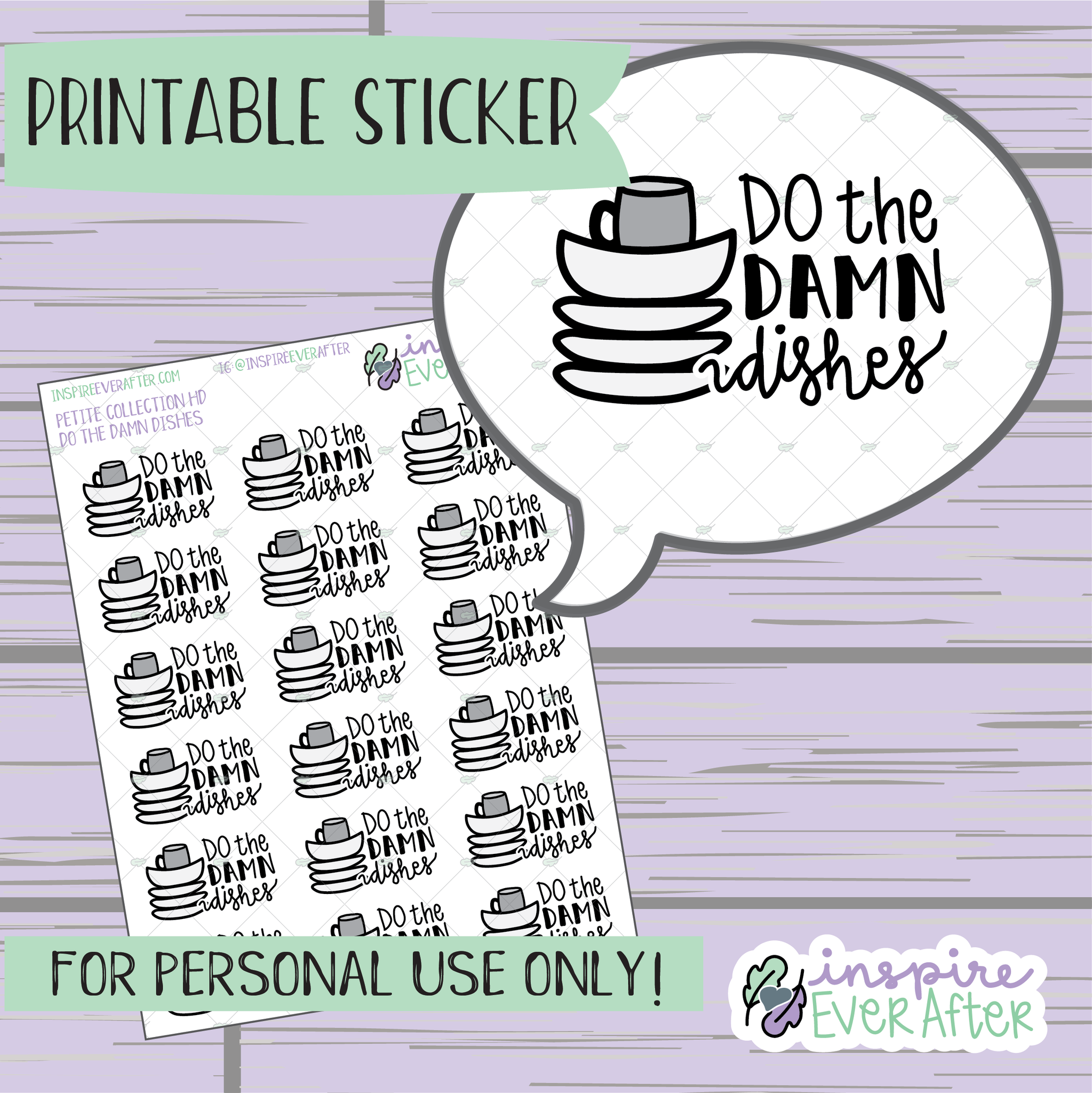 Do the Damn Dishes Doodle - Printable Stickers - Hand drawn Sassy Cleaning/ Chores Planner Stickers