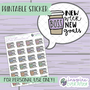 New Week, New Goals: Boss Coffee Cup - Printable Stickers - Hand drawn Beverage Deco Planner Stickers