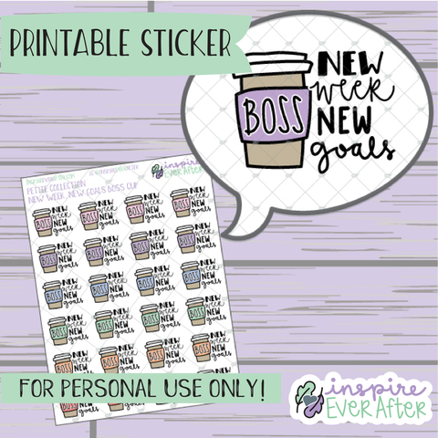 New Week, New Goals: Boss Coffee Cup - Printable Stickers - Hand drawn Beverage Deco Planner Stickers