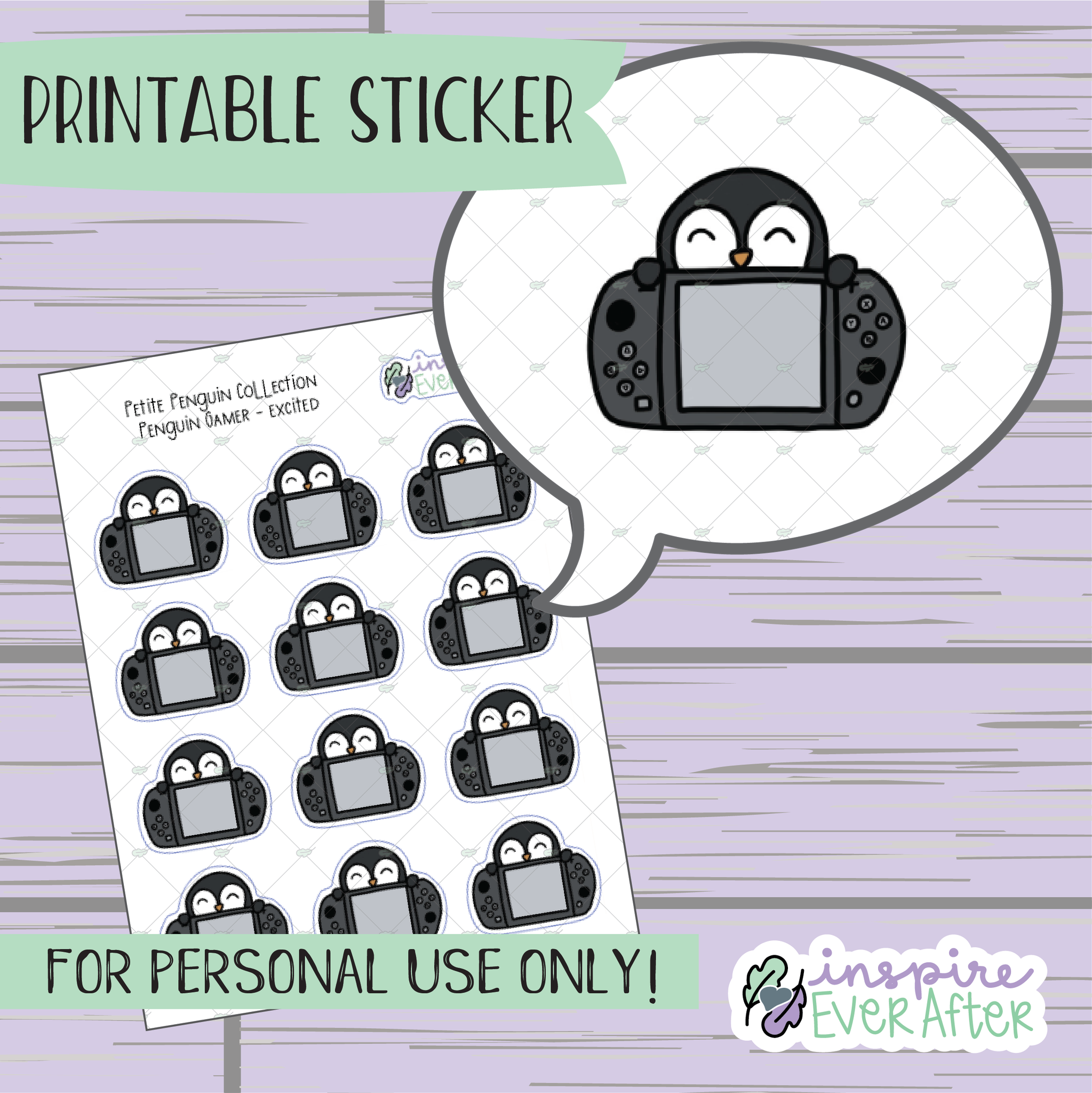 Penguin Gamer - Excited - Printable Stickers - Hand drawn Relaxing Deco Planner Stickers