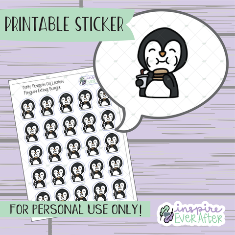 Penguin Eating Burger with Soda - Printable Stickers - Hand drawn Foodie Deco Planner Stickers