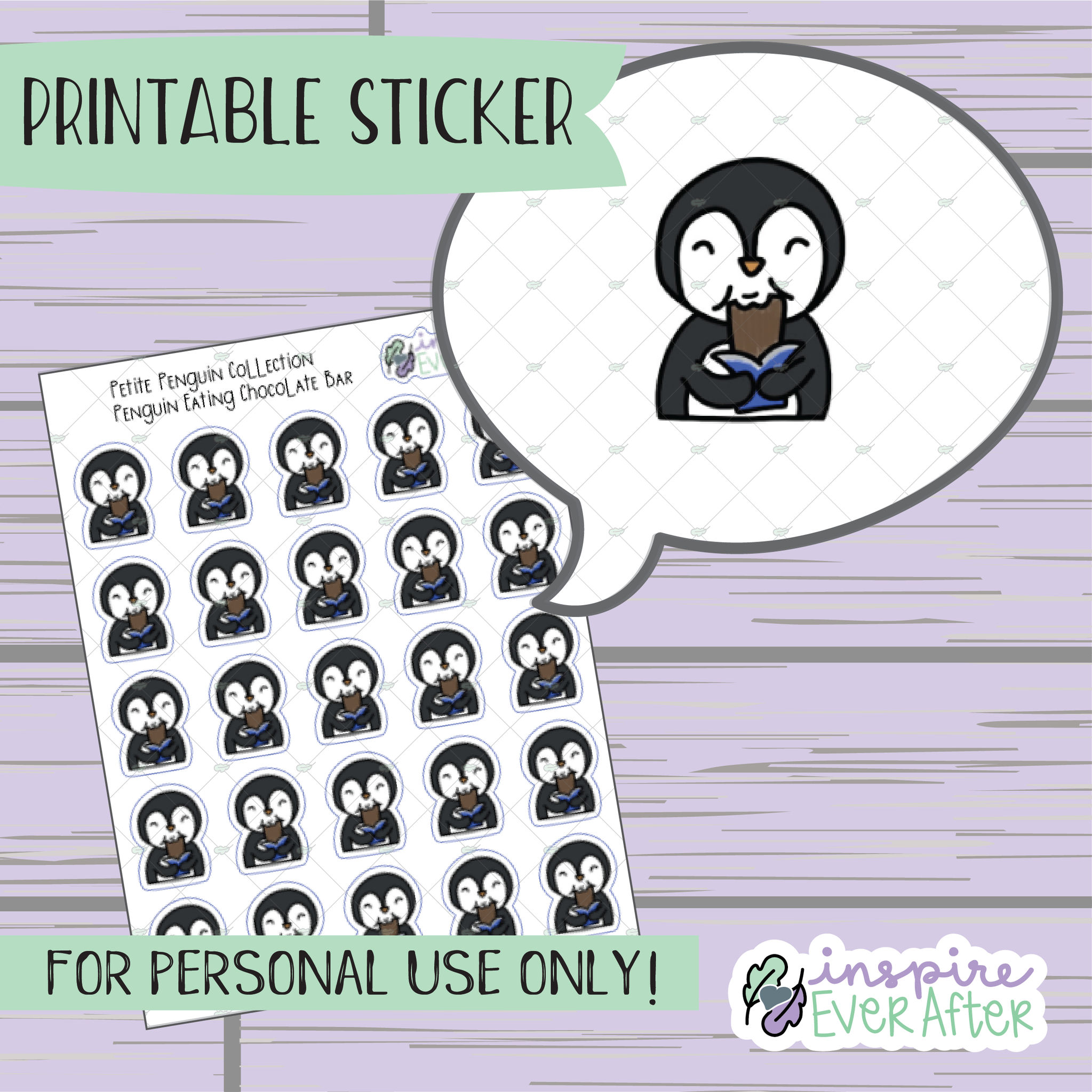 Penguin Eating Chocolate Bar - Printable Stickers - Hand drawn Foodie Deco Planner Stickers