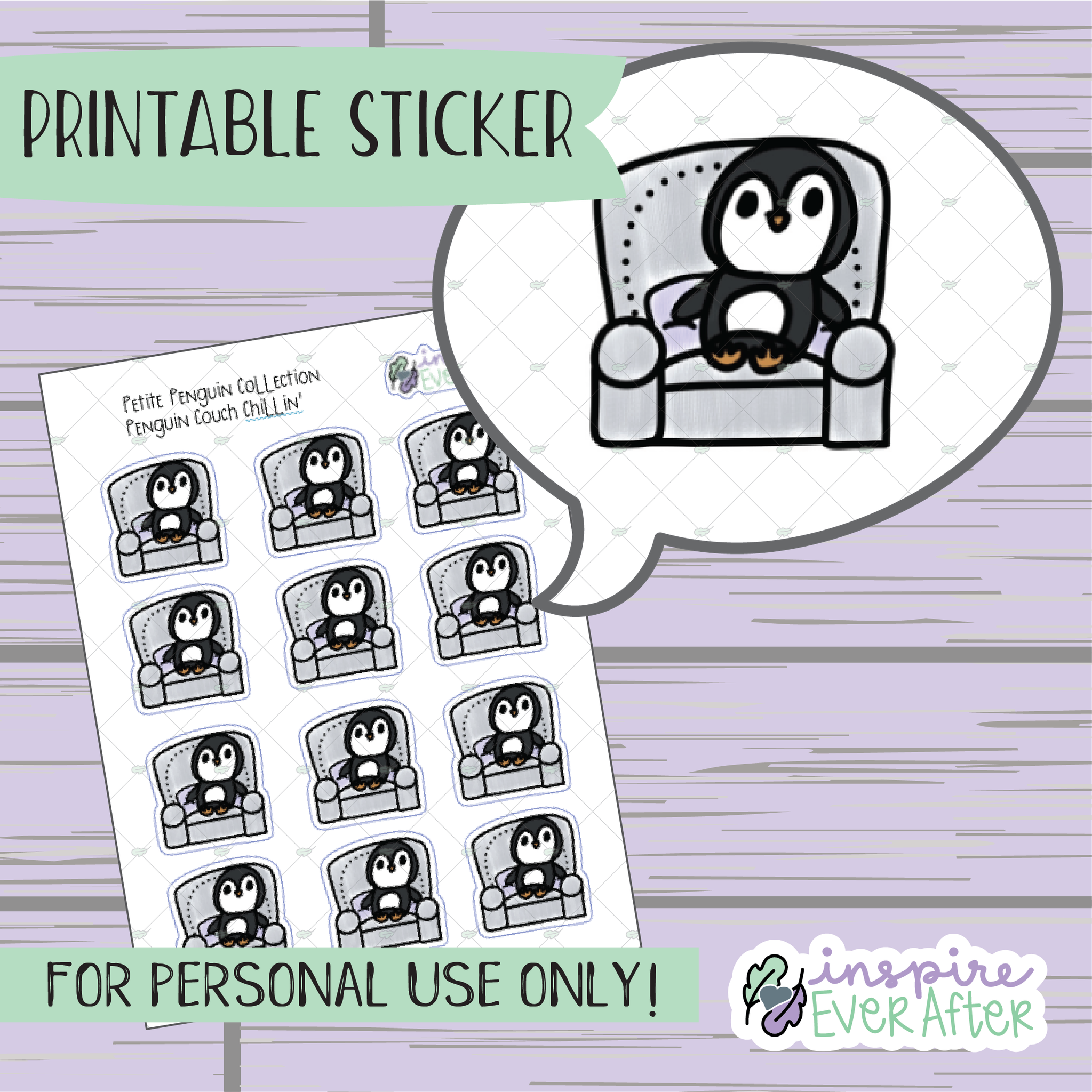 Penguin Couch Chillin' - Printable Stickers - Hand drawn Relaxing Deco Planner Stickers