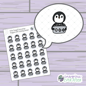 Penguin with Laundry Basket ~ Hand Drawn Character Cleaning Doodle ~ Petite Collection ~ Planner Stickers