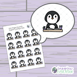 Penguin Planning at Desk ~ Hand Drawn Character Doodle ~ Petite Collection ~ Planner Stickers