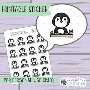 Penguin Planning At Desk - Printable Stickers - Hand drawn Character Deco Planner Stickers