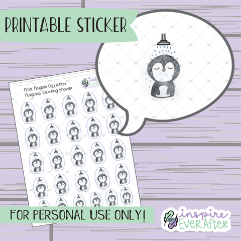 Penguin taking Steaming Shower - Printable Stickers - Hand drawn Self care Deco Planner Stickers