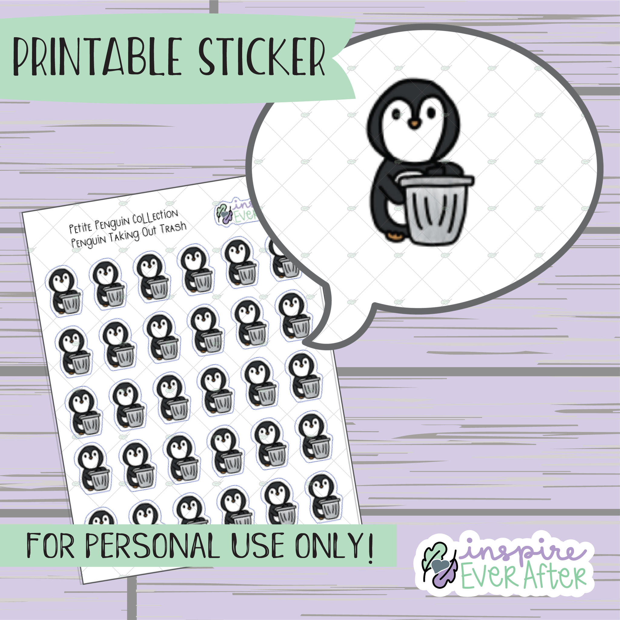 Penguin Taking Out Trash - Printable Stickers - Hand drawn Cleaning Deco Planner Stickers