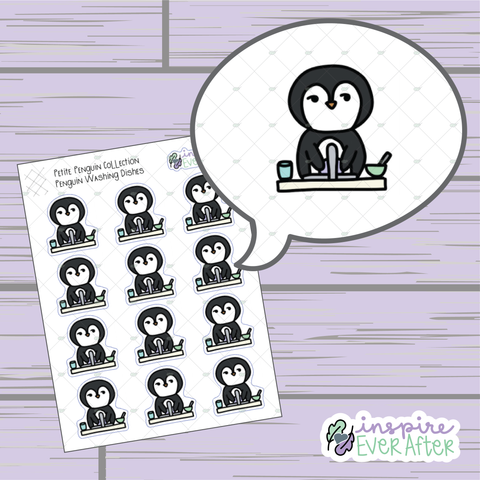 Penguin Washing Dishes ~ Hand Drawn Character Cleaning Doodle ~ Petite Collection ~ Planner Stickers