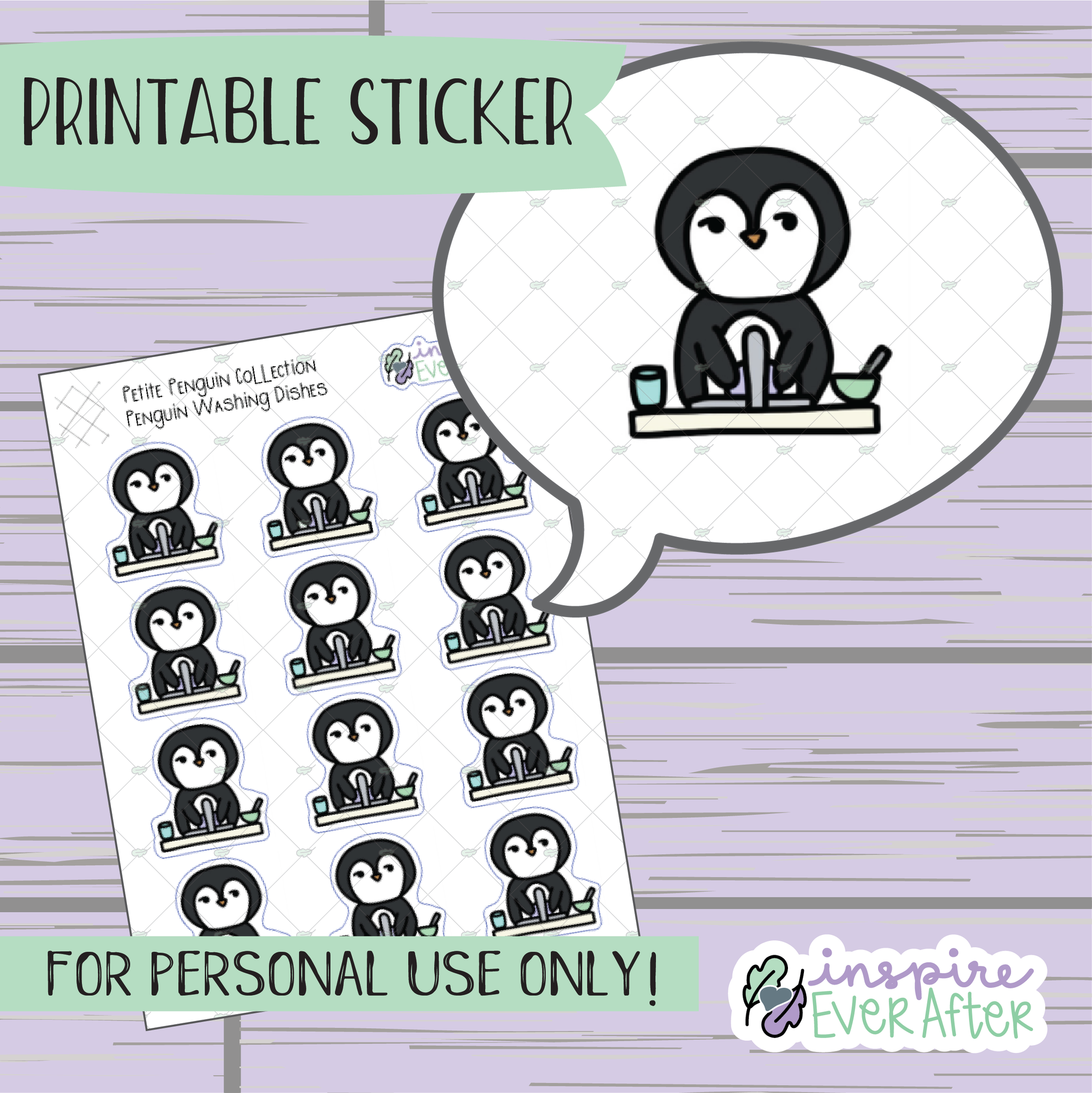 Penguin Washing Dishes - Printable Stickers - Hand drawn Cleaning Deco Planner Stickers