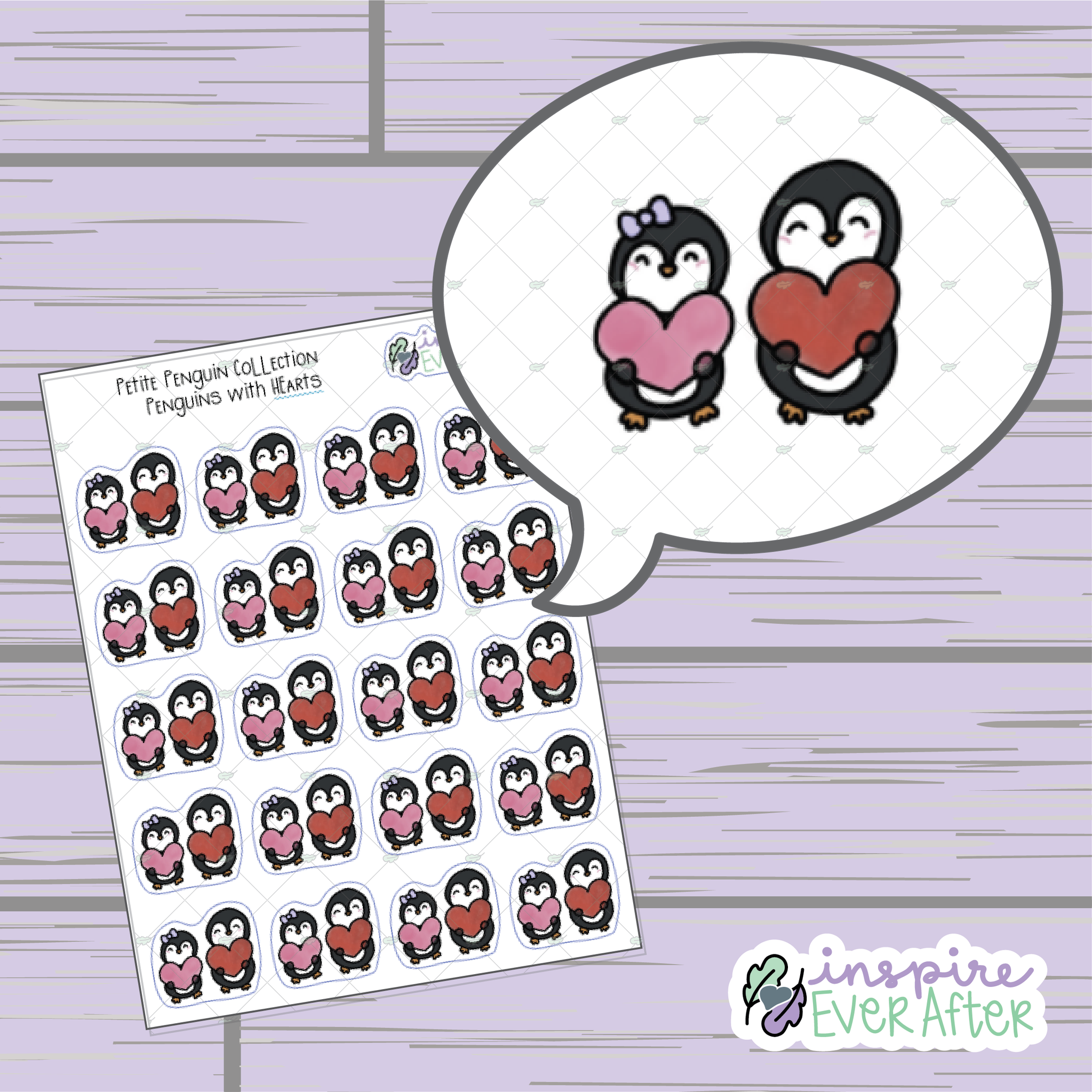 Penguins Holding Hearts ~ Hand Drawn Character Love Doodle ~ Petite Collection ~ Planner Stickers