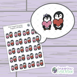 Penguins Holding Hearts ~ Hand Drawn Character Love Doodle ~ Petite Collection ~ Planner Stickers