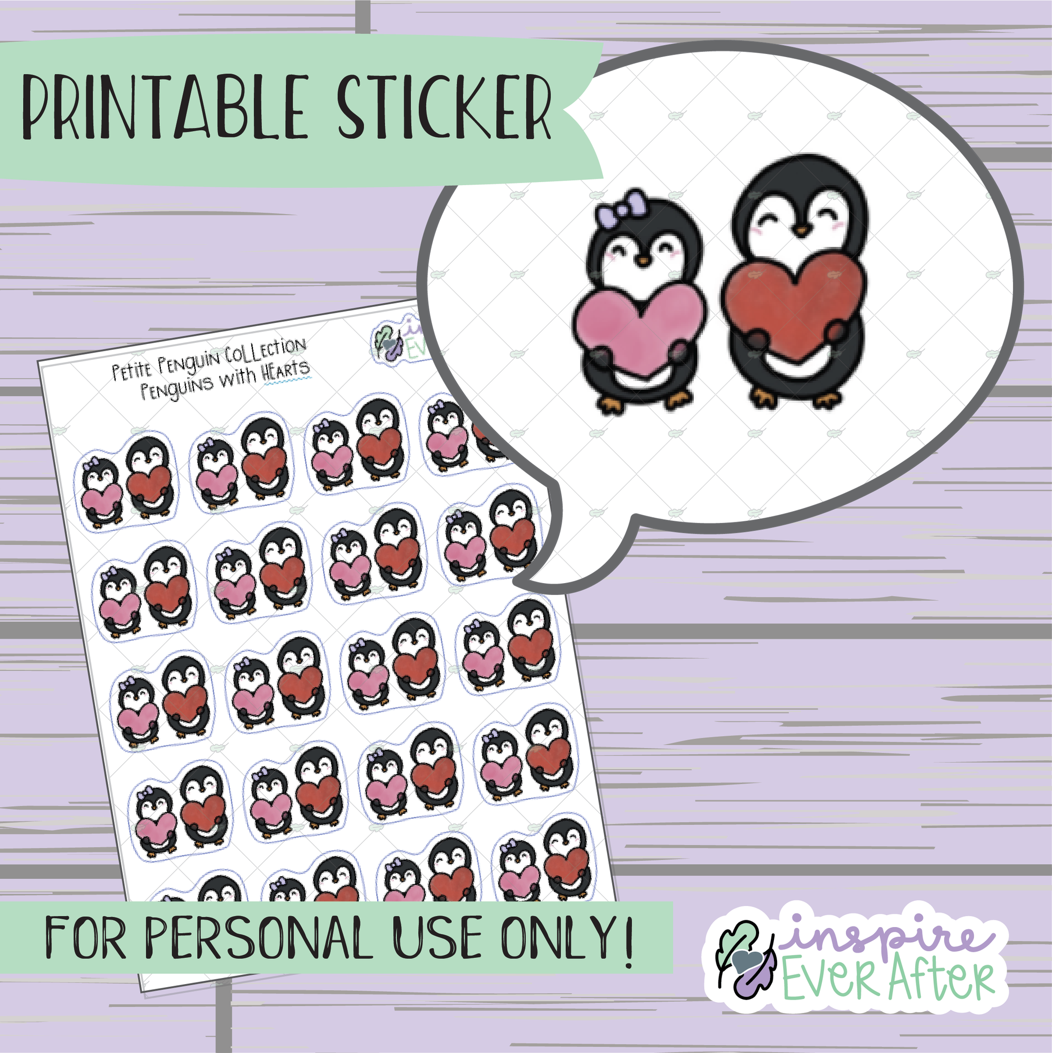 Penguins with Hearts - Printable Stickers - Hand drawn Character Deco Planner Stickers