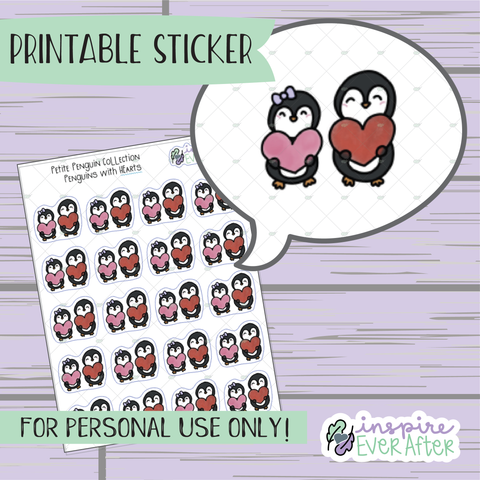 Penguins with Hearts - Printable Stickers - Hand drawn Character Deco Planner Stickers