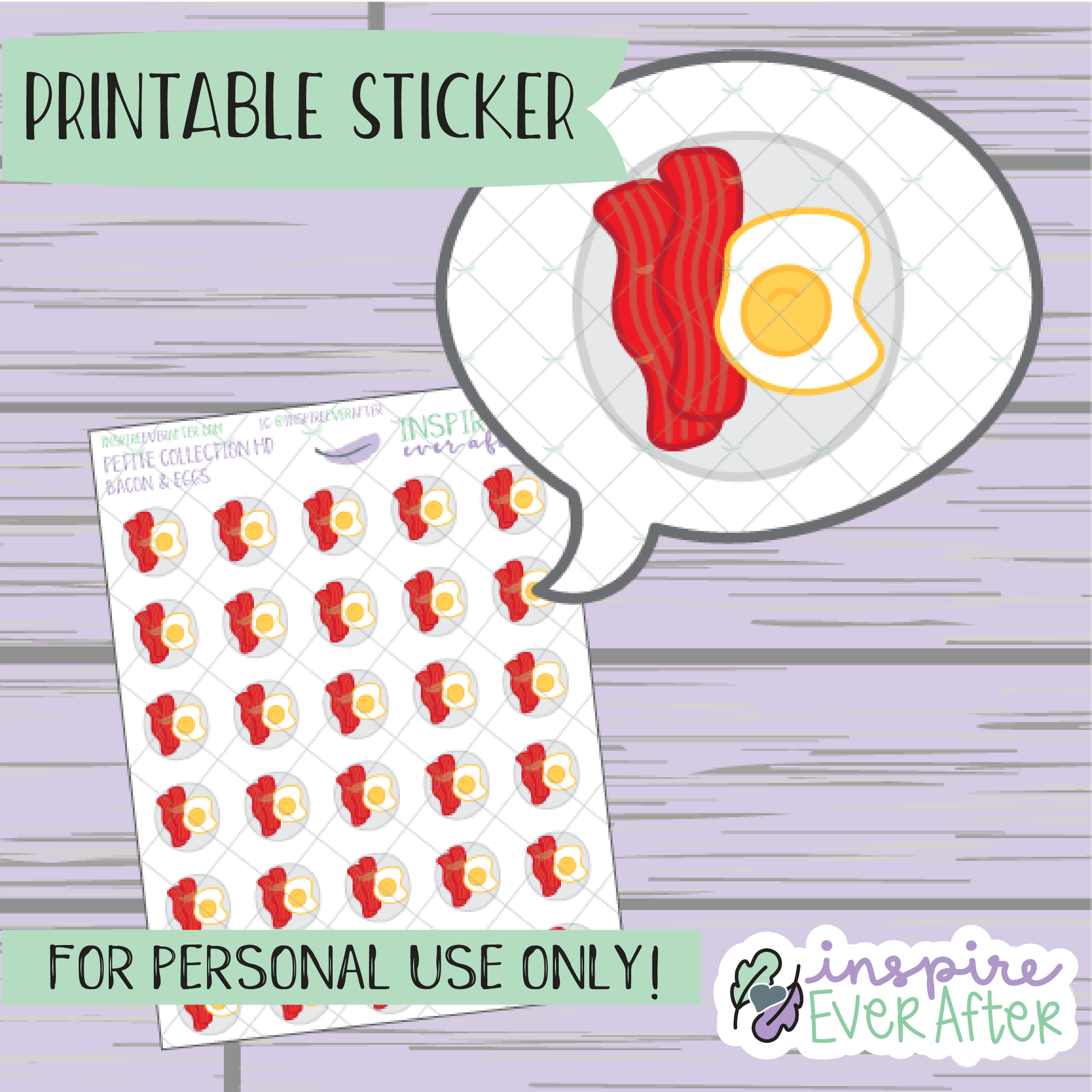 Bacon & Eggs Doodle - Printable Stickers - Hand drawn Breakfast Food Deco Planner Stickers