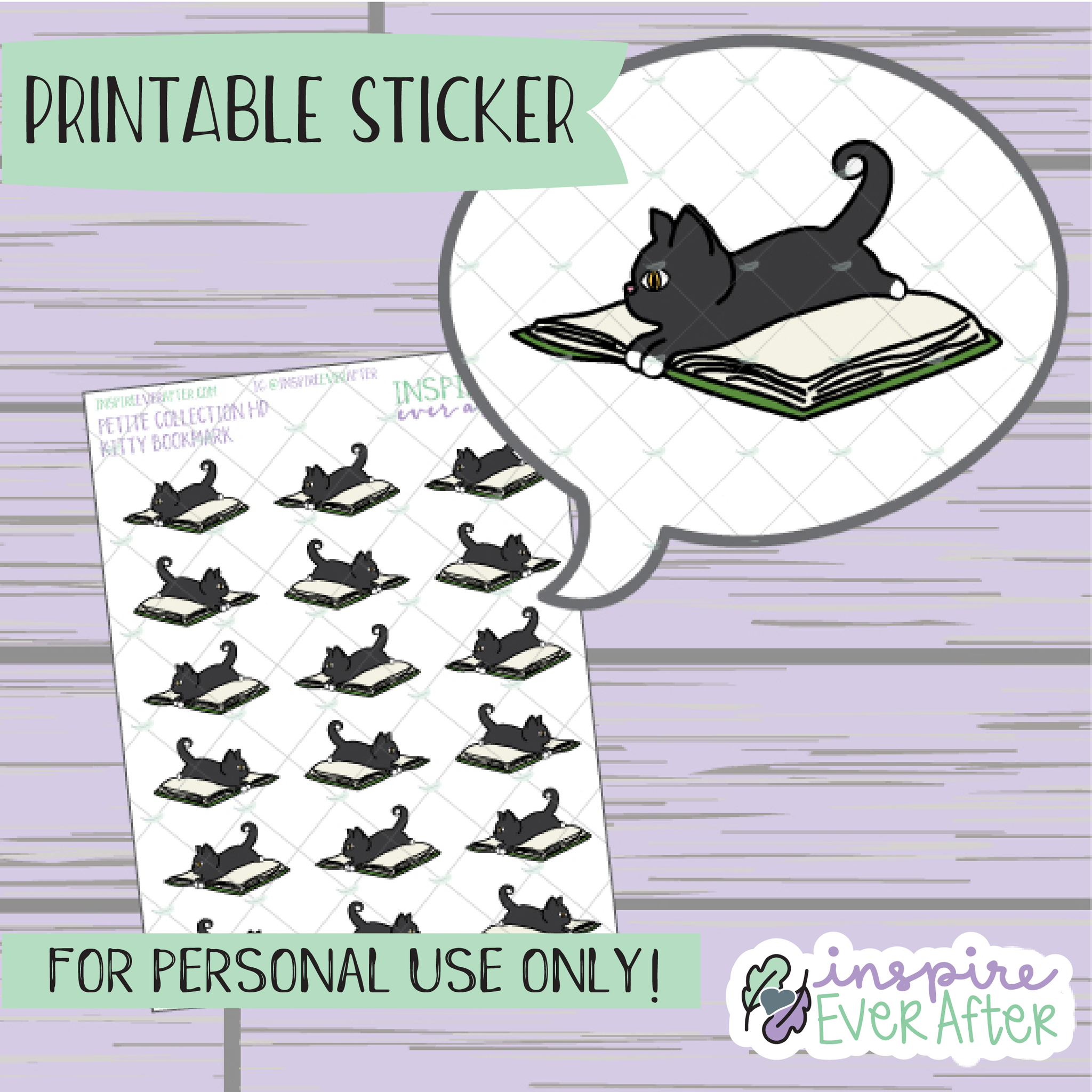 Bookmark Kitty Doodle - Printable Stickers - Hand drawn Reading & Pet Deco Planner Stickers