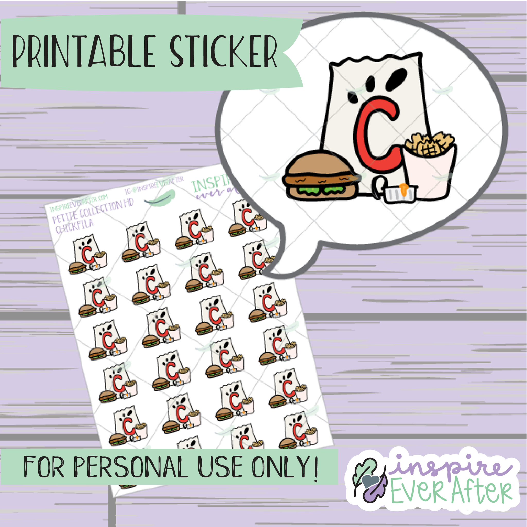 Chicken Sandwich Fast Food Doodle - Printable Stickers - Hand drawn Food Doodle Deco Planner Stickers