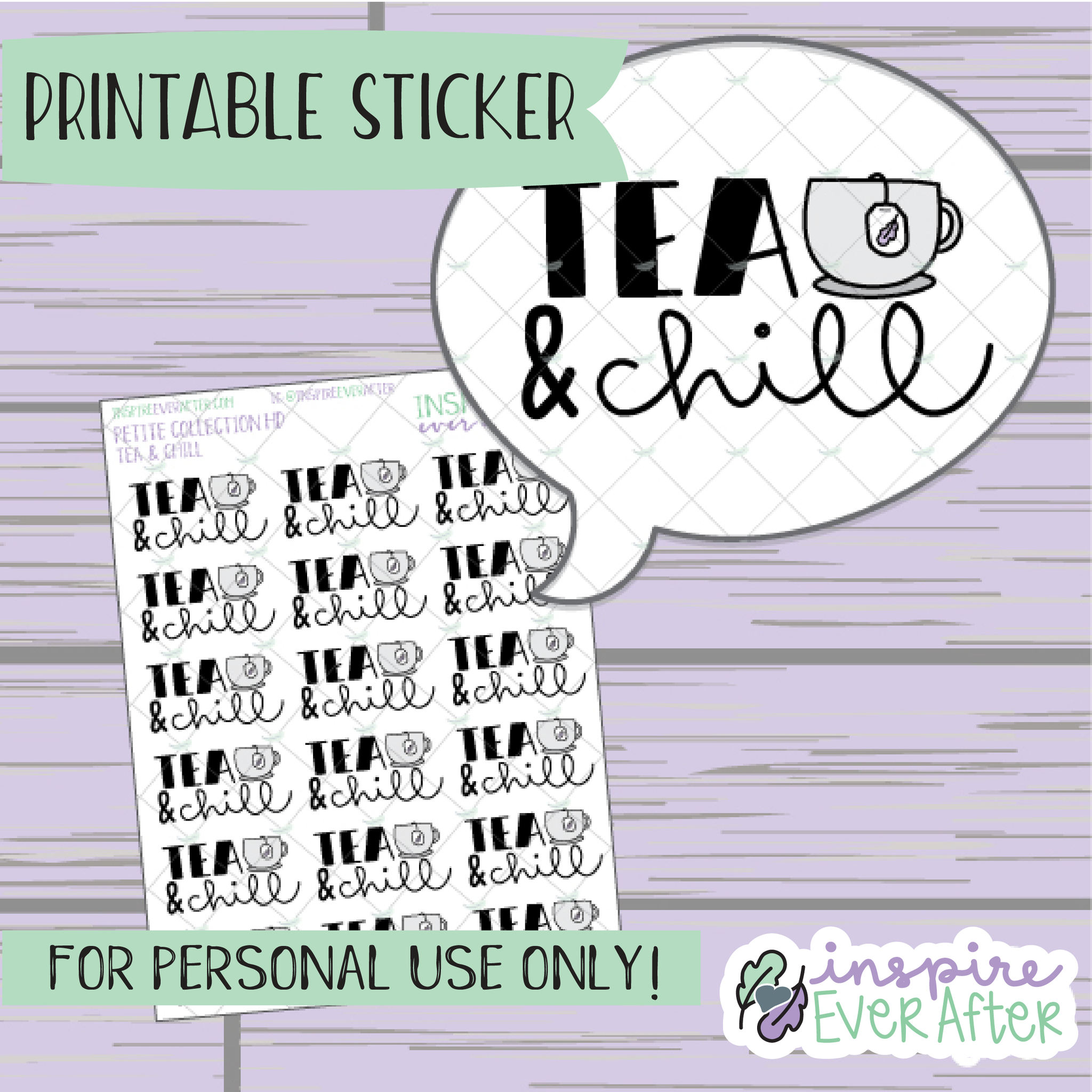 Tea & Chill Doodle - Printable Stickers - Hand drawn Self Care Beverage Deco Planner Stickers