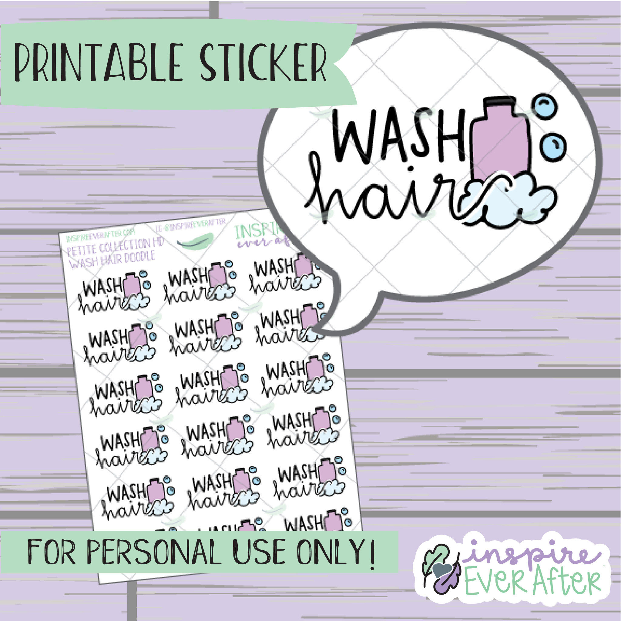 Wash Hair Doodle - Printable Stickers - Hand drawn Self Care Deco Planner Stickers