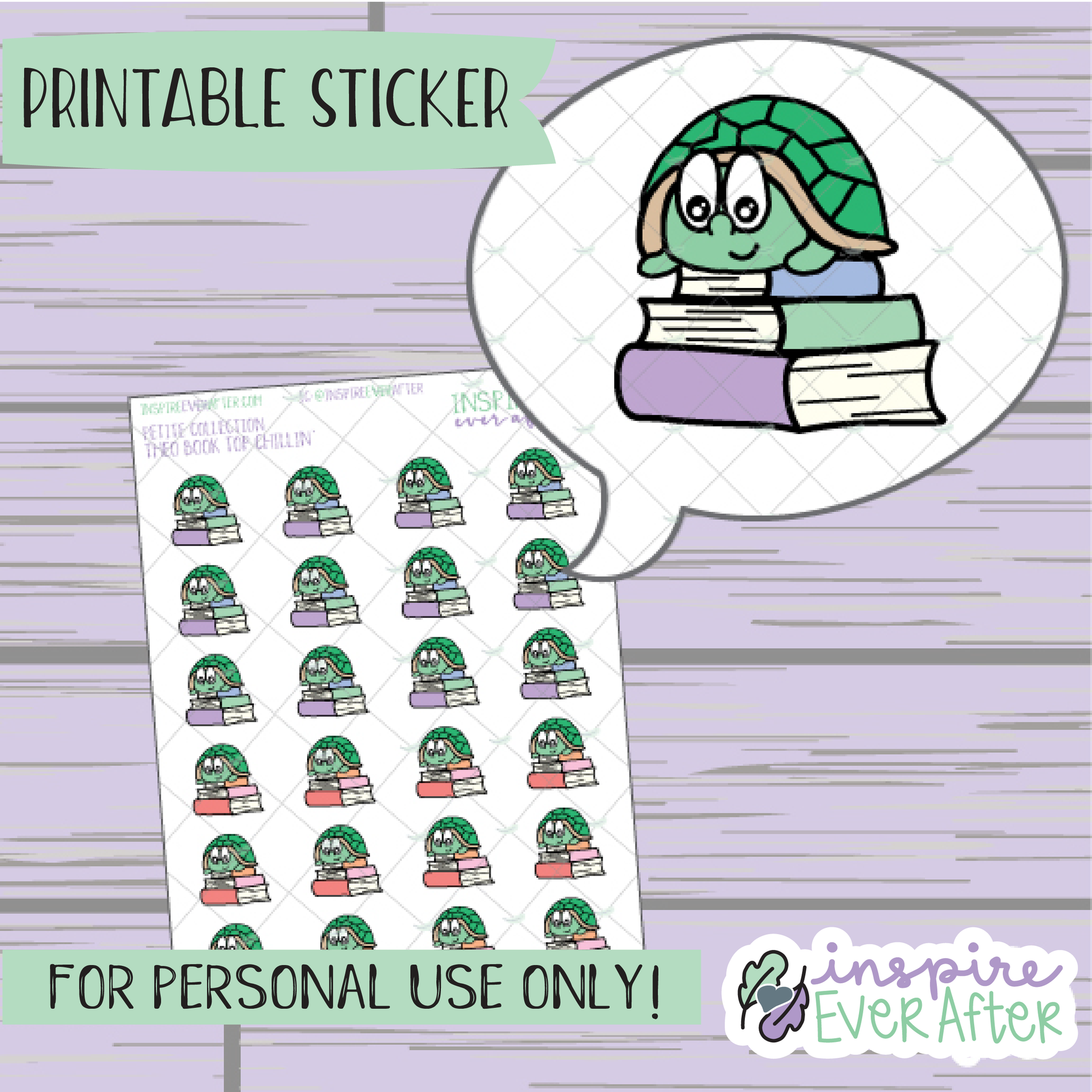 Theo the Turtle Book Stack Chillin' - Printable Stickers - Hand drawn Character Reading Deco Planner Stickers