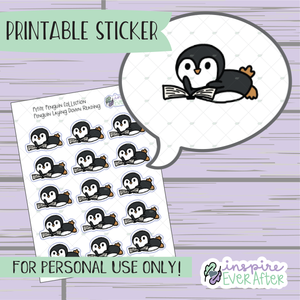 Penguin Laying Down Reading - Printable Stickers - Hand drawn Book Deco Planner Stickers