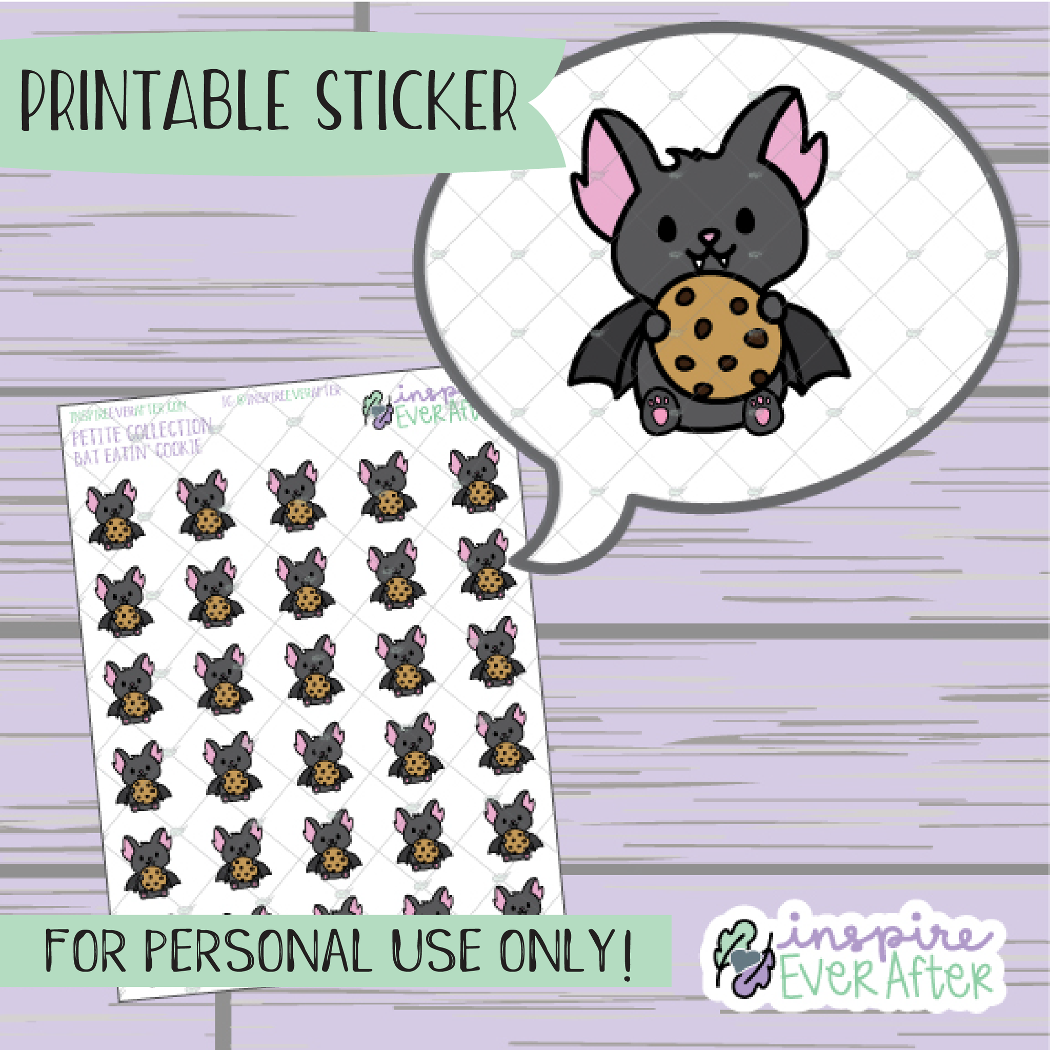 Batrick the Bat Eating a Cookie - Printable Stickers - Hand drawn Character Food Deco Planner Stickers