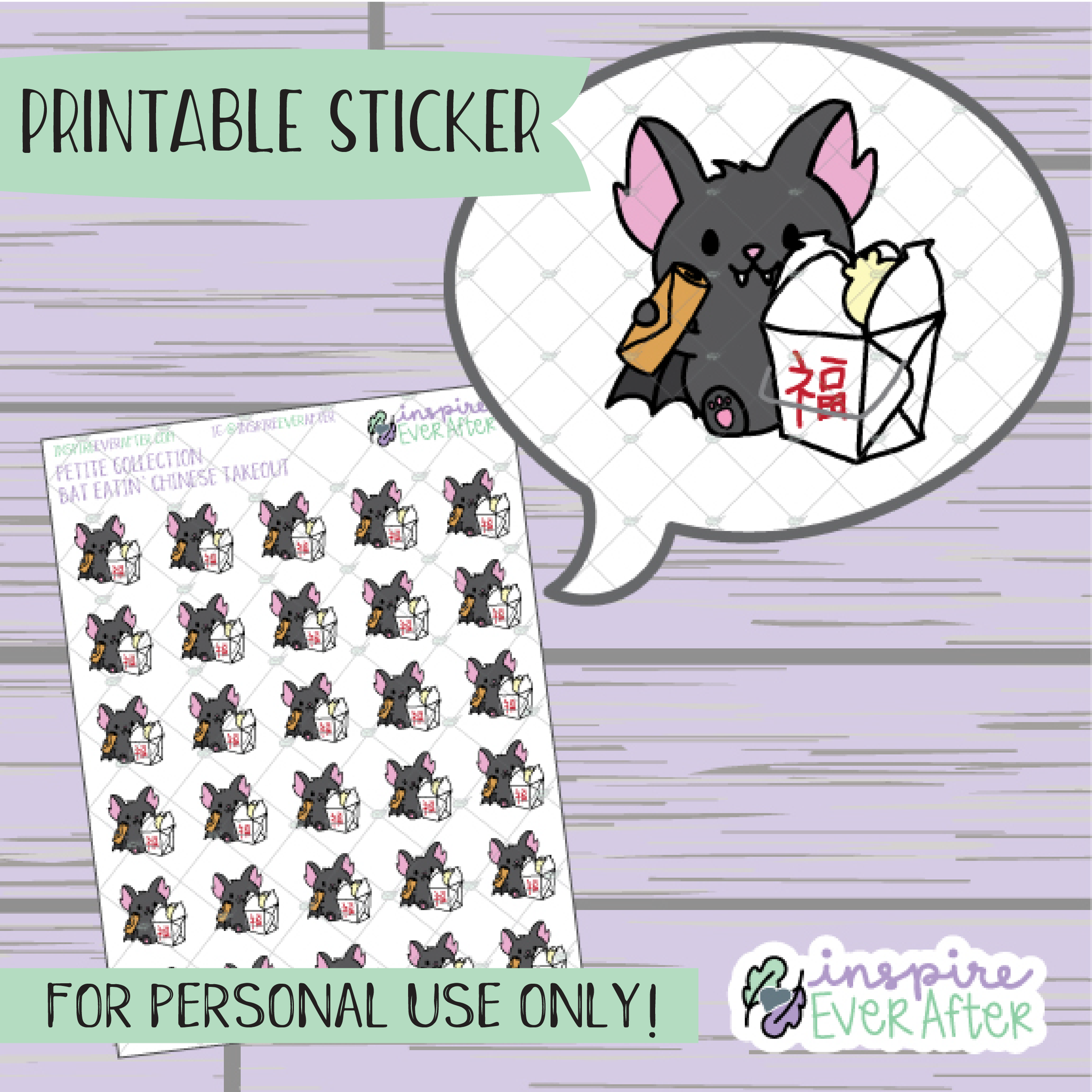 Batrick the Bat Eats Asian Takeout - Printable Stickers - Hand drawn Character Food Deco Planner Stickers