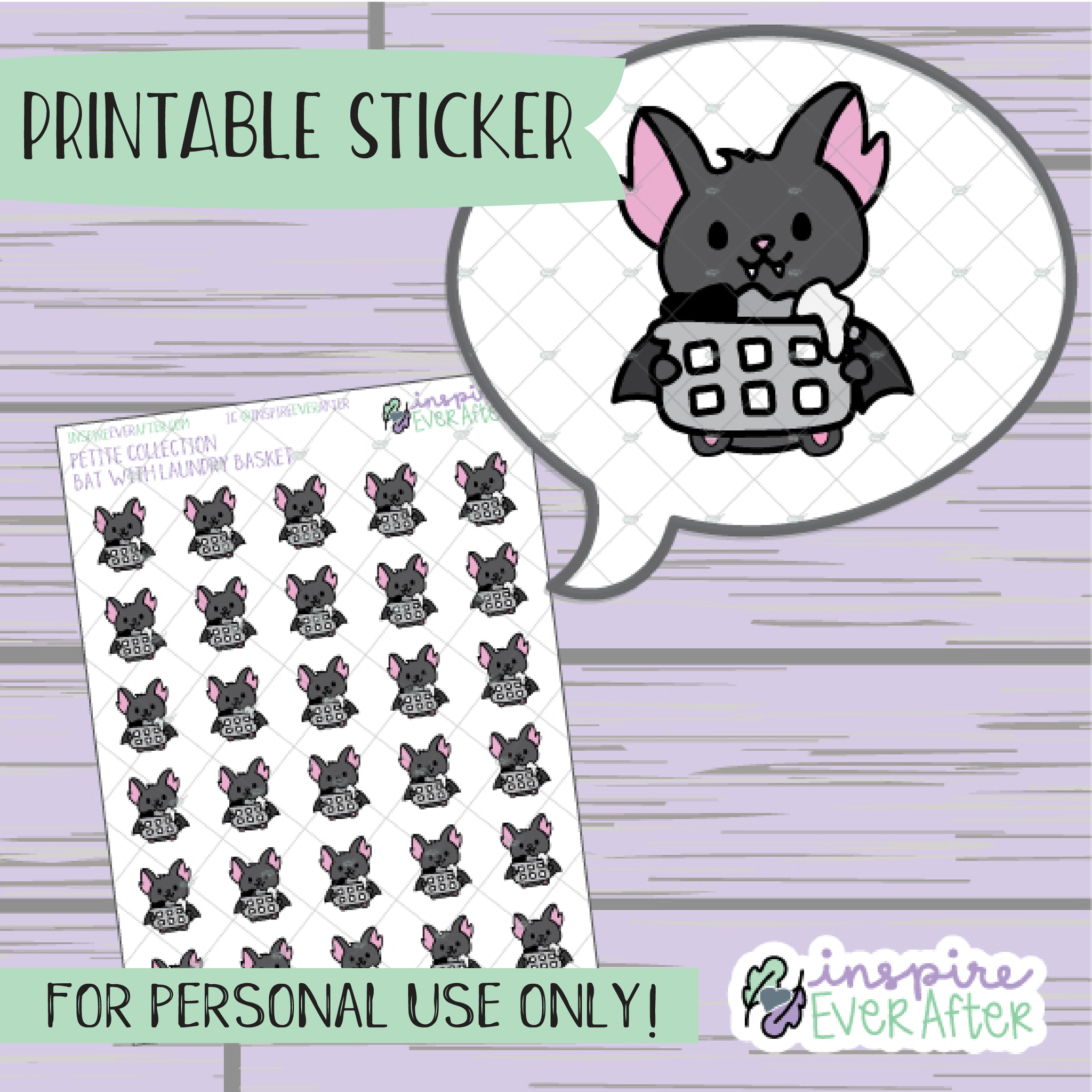 Batrick the Bat with Laundry Basket - Printable Stickers - Hand drawn Character Chores Deco Planner Stickers