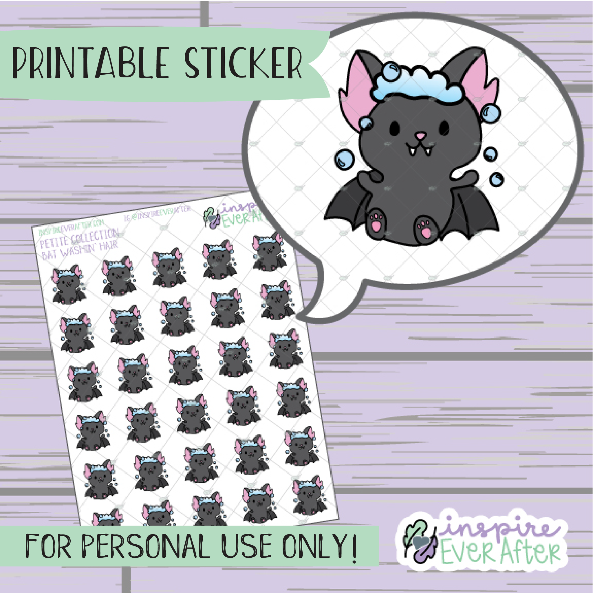 Batrick the Bat Washing Hair - Printable Stickers - Hand drawn Character Deco Planner Stickers