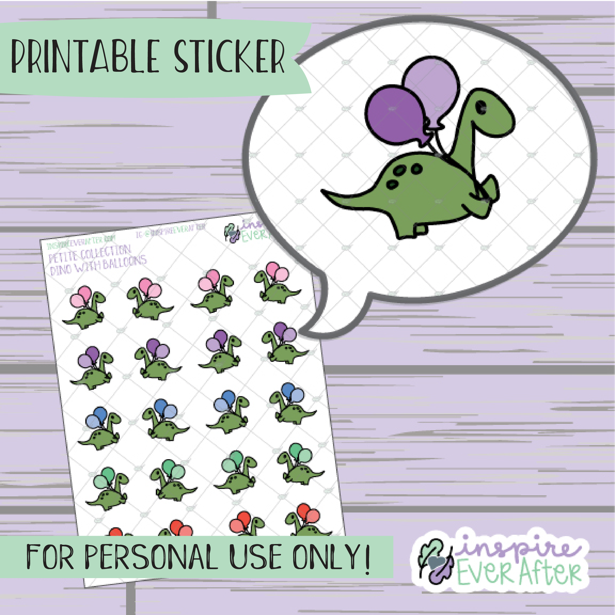 Dino with Balloons - Printable Stickers - Hand drawn Character Deco Planner Stickers