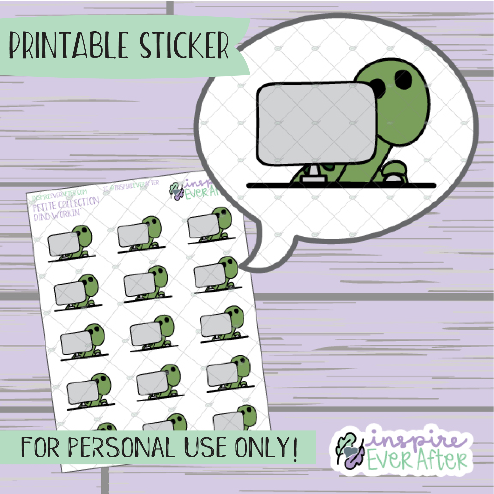 Dino Workin' at Computer - Printable Stickers - Hand drawn Character Deco Planner Stickers