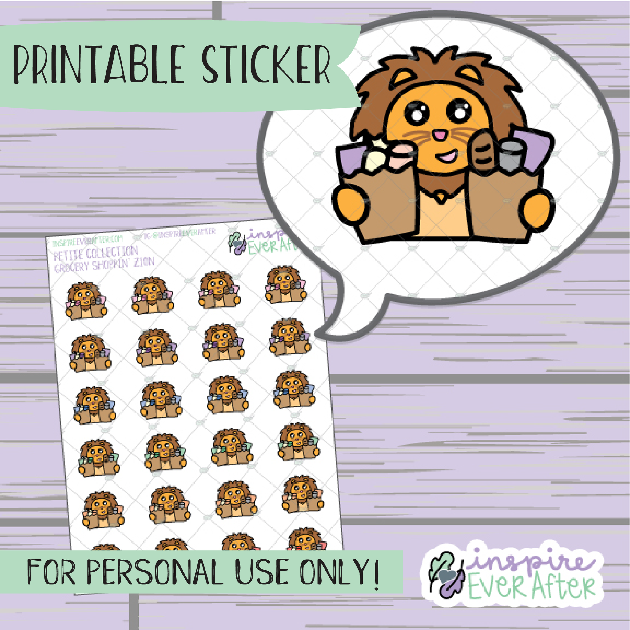 Zion the Lion Grocery Shopping - Printable Stickers - Hand drawn Character Food Deco Planner Stickers