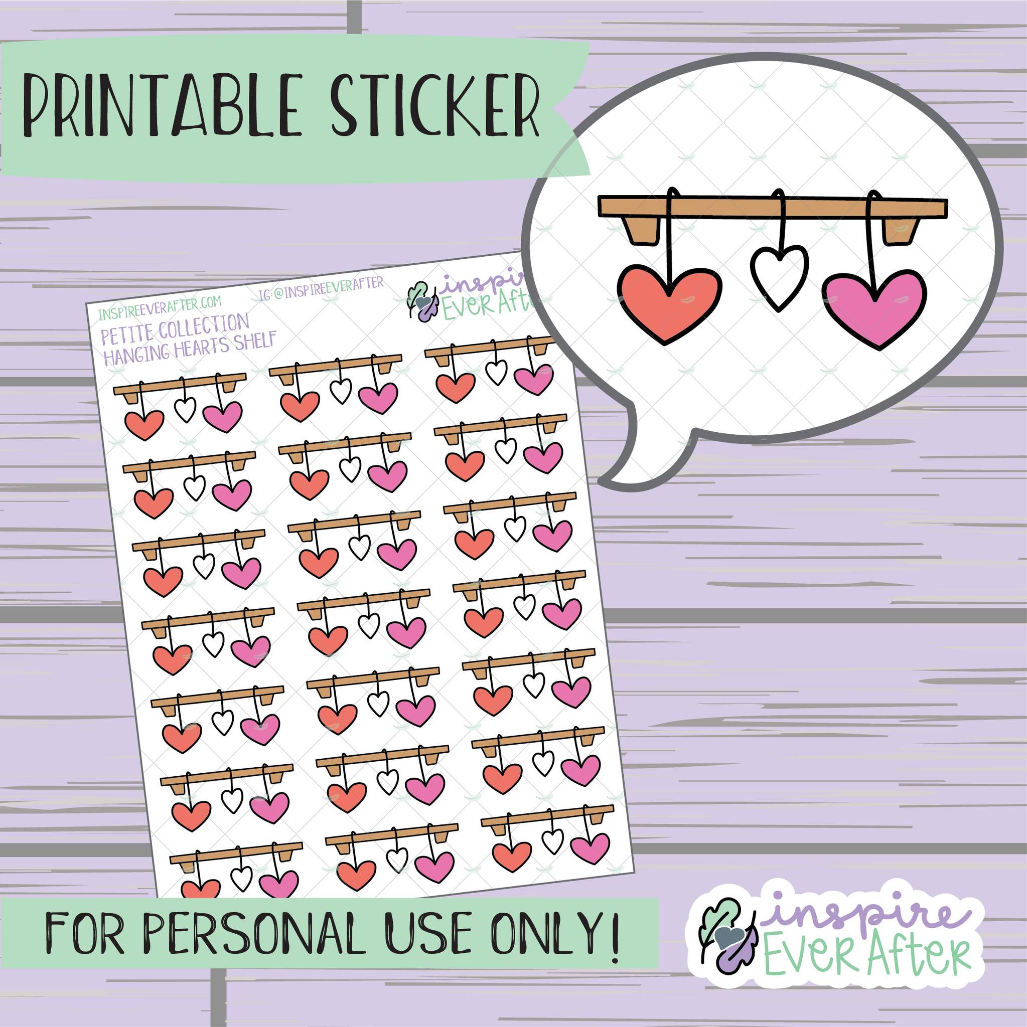 Hanging Hearts Shelf - Printable Stickers - Hand drawn Valentines Deco Planner Stickers