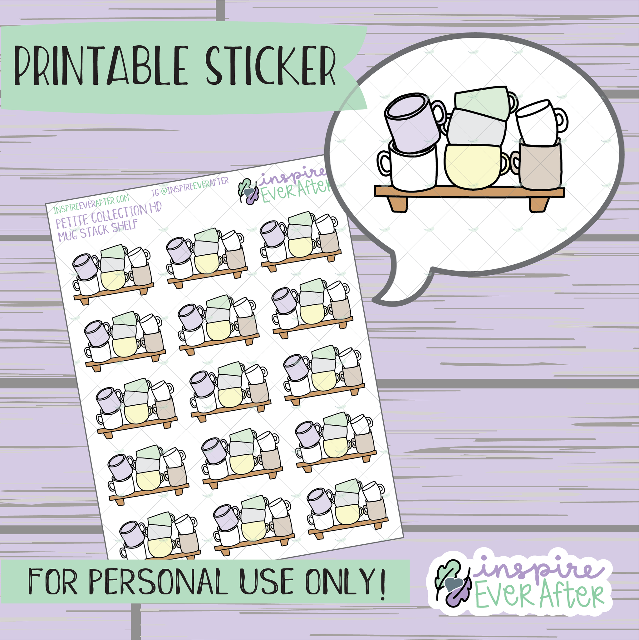 Mug Stack Shelf - Printable Stickers - Hand drawn Beverage Deco Planner Stickers