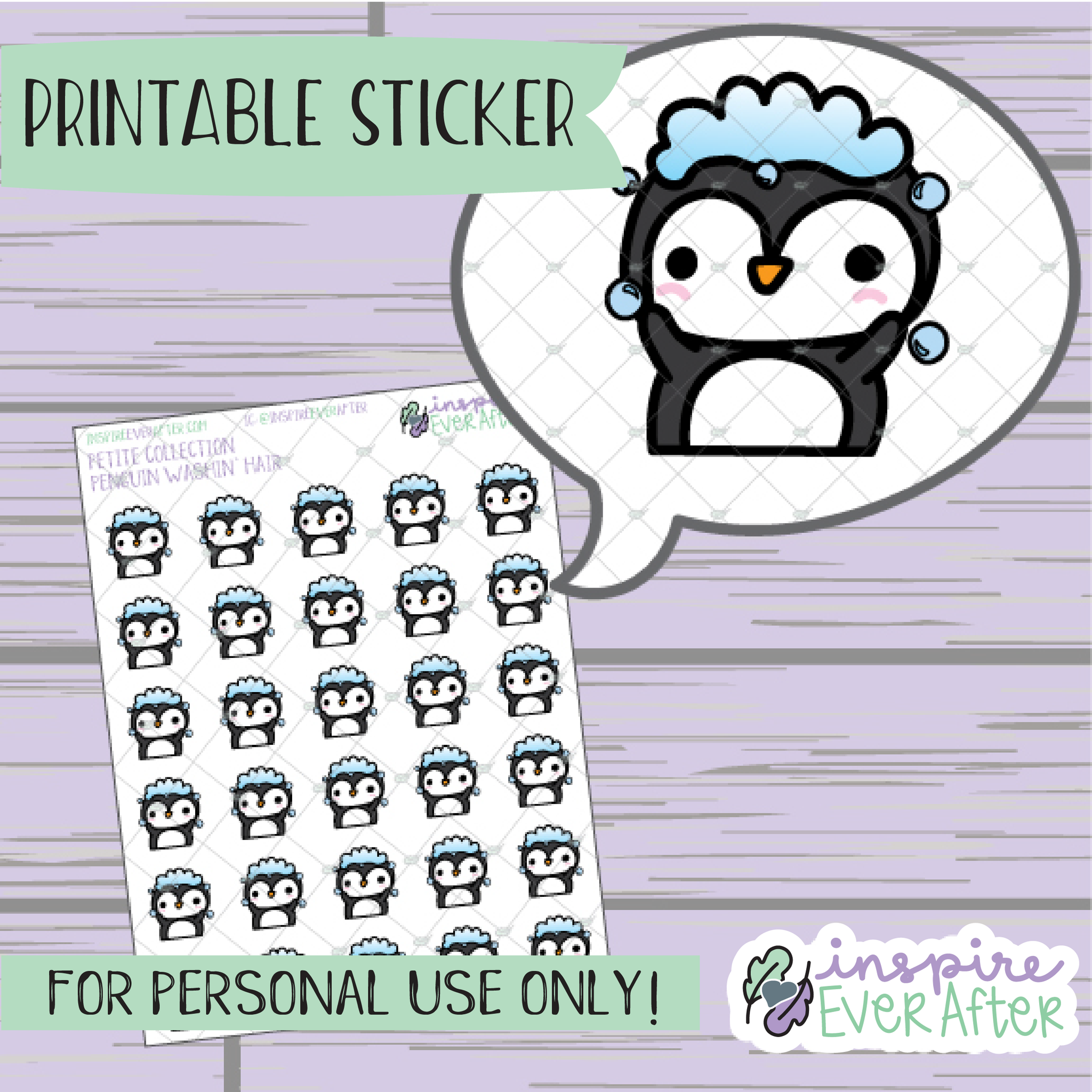 Penguin Washin' Hair - Printable Stickers - Hand drawn Character Self-care Deco Planner Stickers