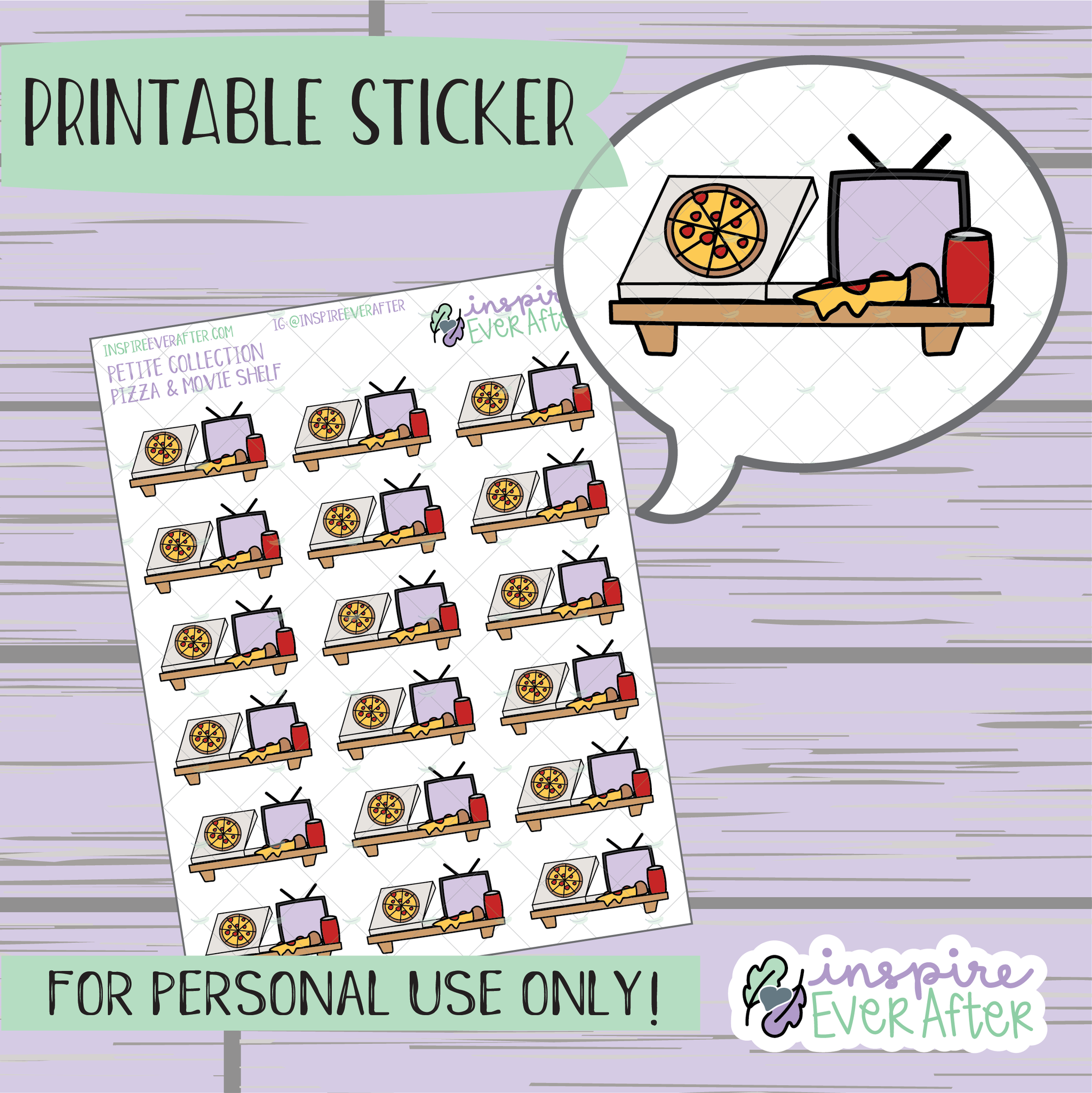 Pizza & Movie Night Shelf - Printable Stickers - Hand drawn Food Deco Planner Stickers