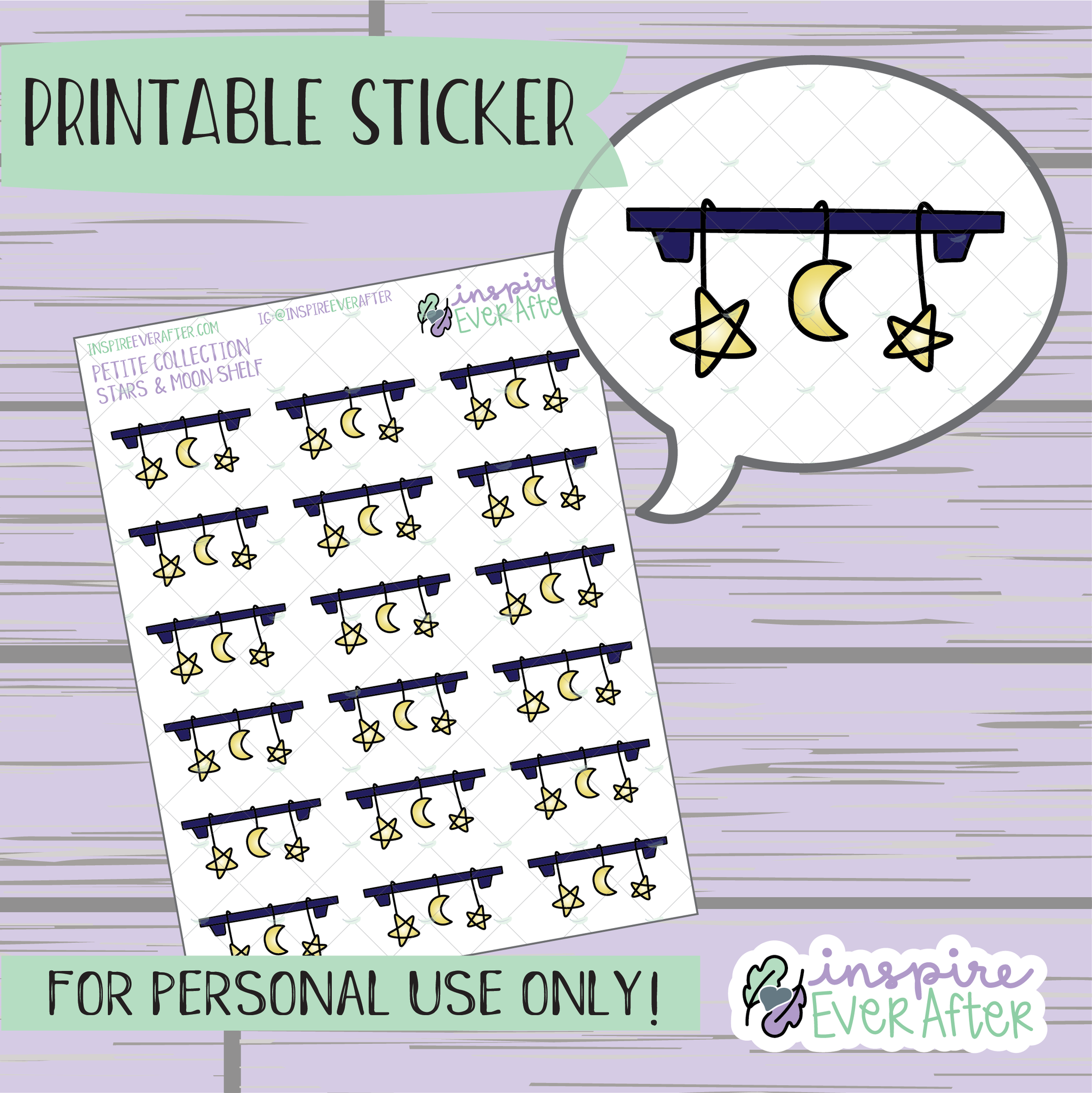 Stars & Moon Shelf - Printable Stickers - Hand drawn Deco Planner Stickers