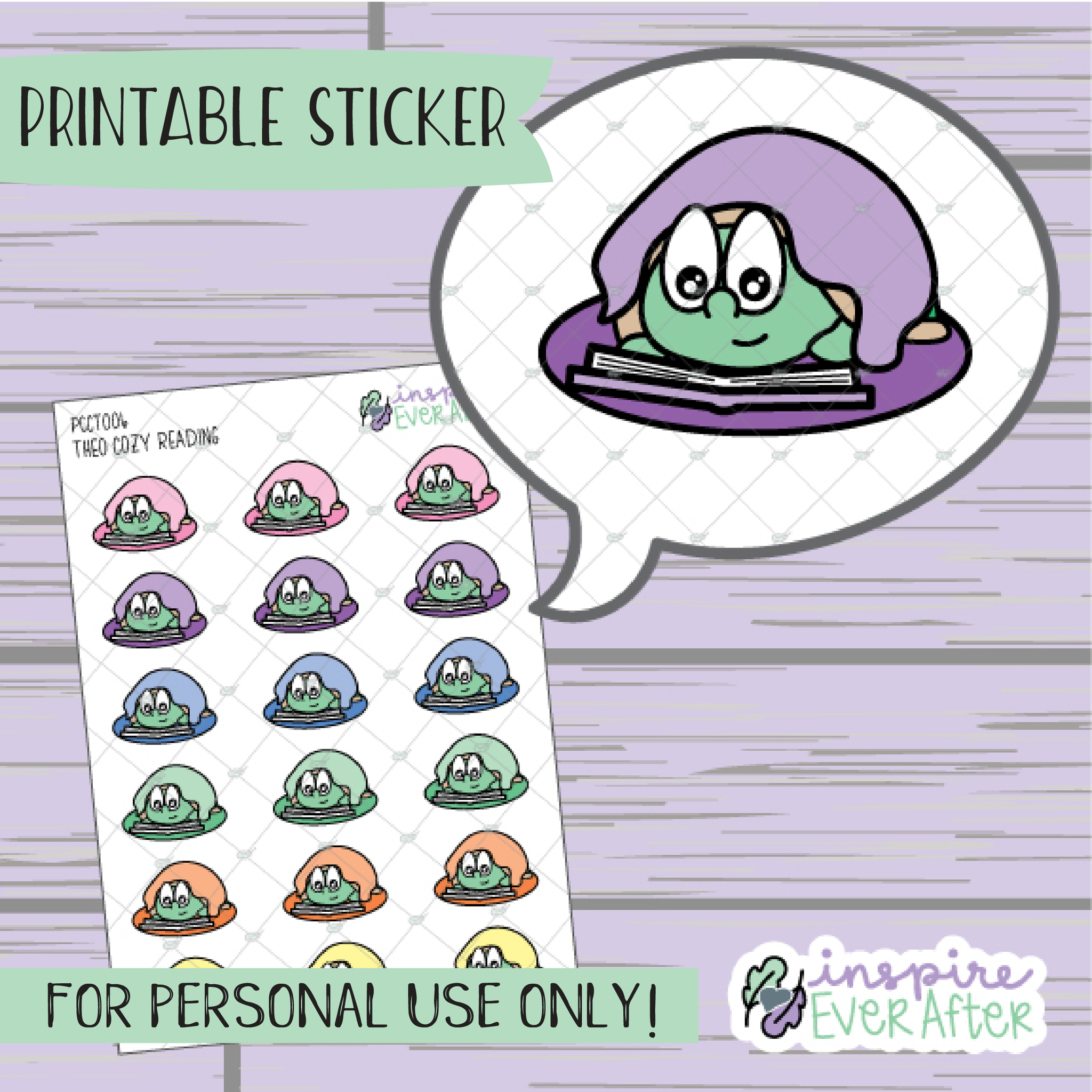 Theo the Turtle Cozy Reading - Printable Stickers - Hand drawn Character Book Deco Planner Stickers