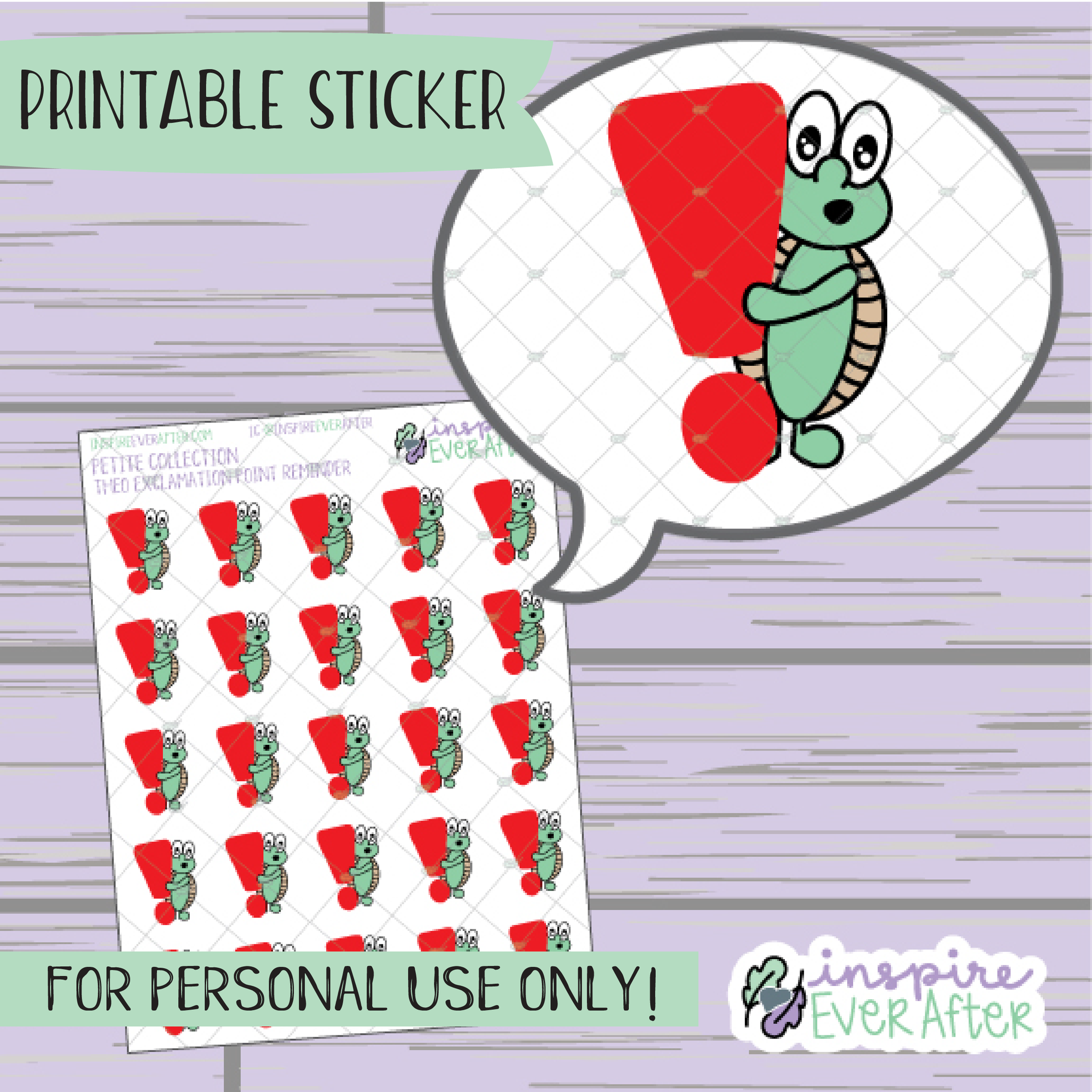 Theo the Turtle Exclamation Point - Printable Stickers - Hand drawn Character Deco Planner Stickers