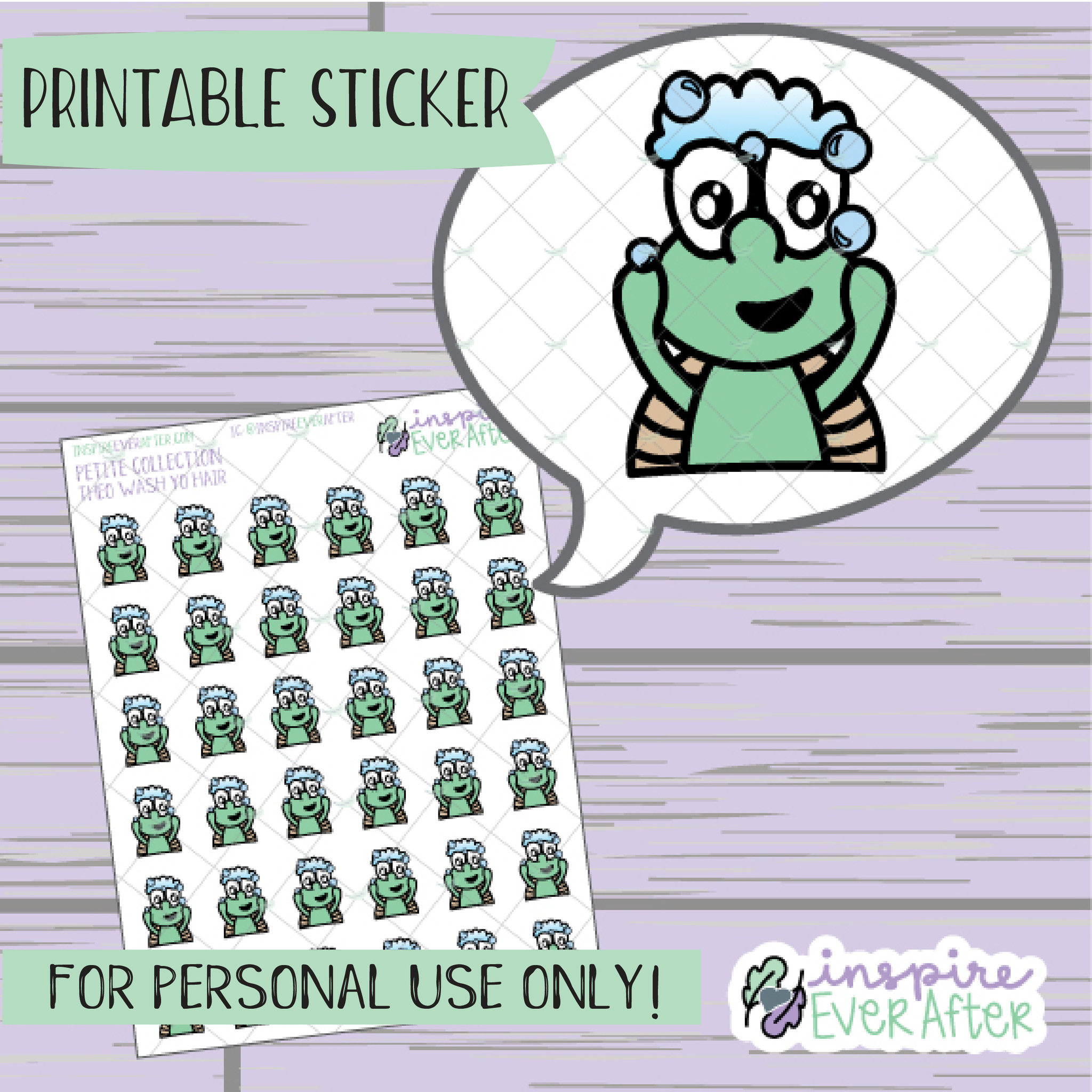 Theo the Turtle Washin' Hair - Printable Stickers - Hand drawn Character Self-care Deco Planner Stickers