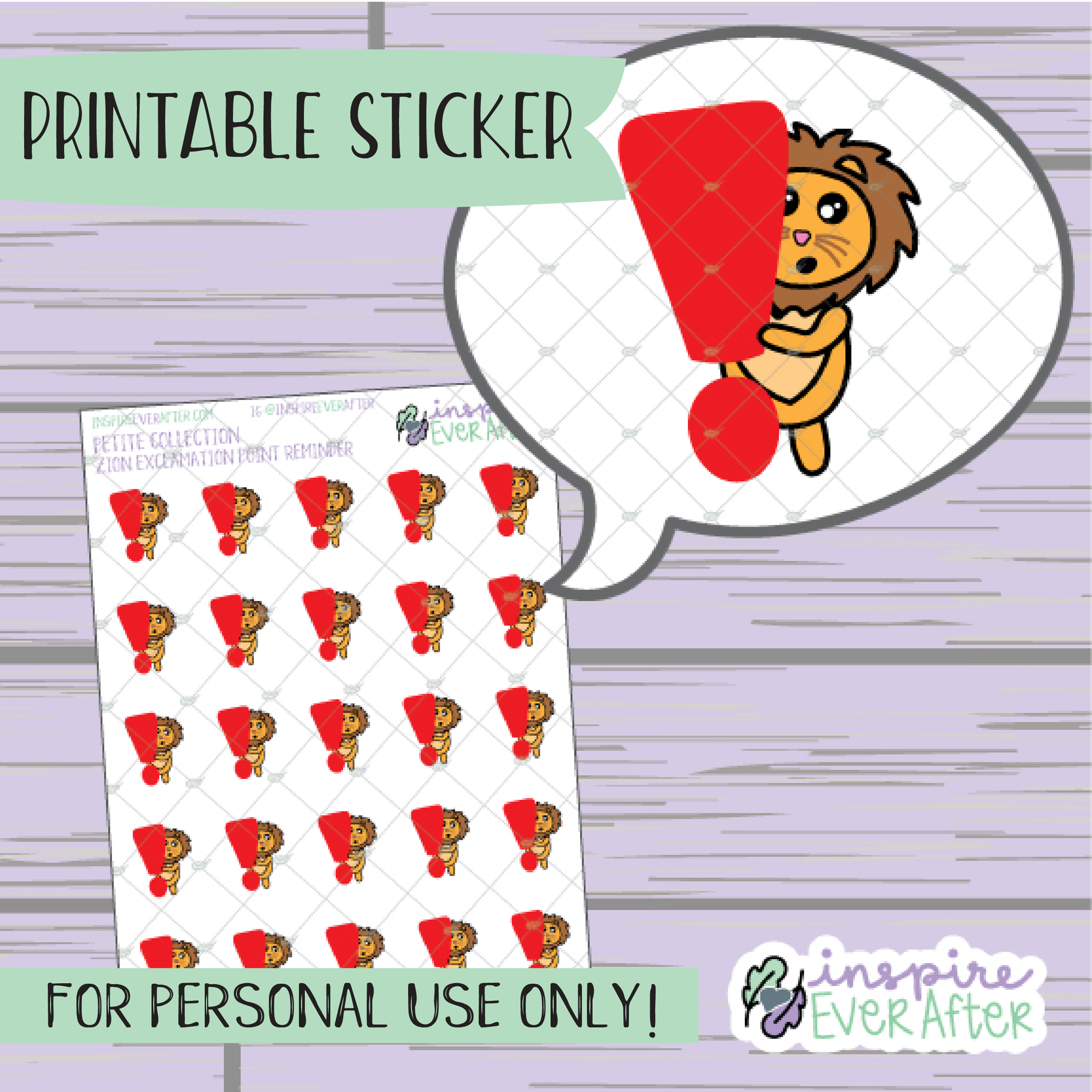 Zion the Lion Exclamation Point - Printable Stickers - Hand drawn Character Deco Planner Stickers