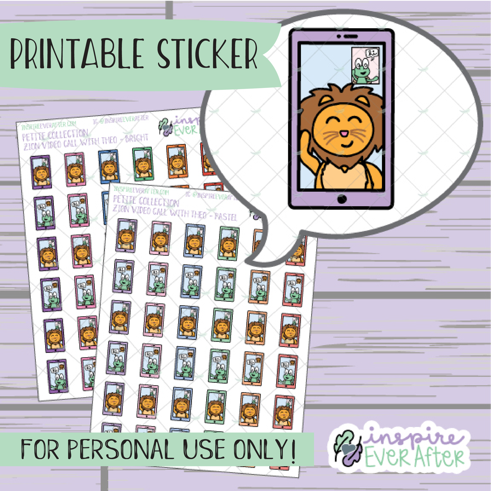 Zion the Lion Video Call with Theo the Turtle - Printable Stickers - Hand drawn Character Deco Planner Stickers