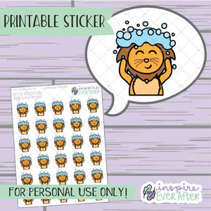 Zion the Lion Washin' Hair - Printable Stickers - Hand drawn Character Self-care Deco Planner Stickers